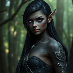 A young dark elf depicted from the waist up, featuring elongated ears, luminous purple eyes, and intricate silver tattoos on their dark skin