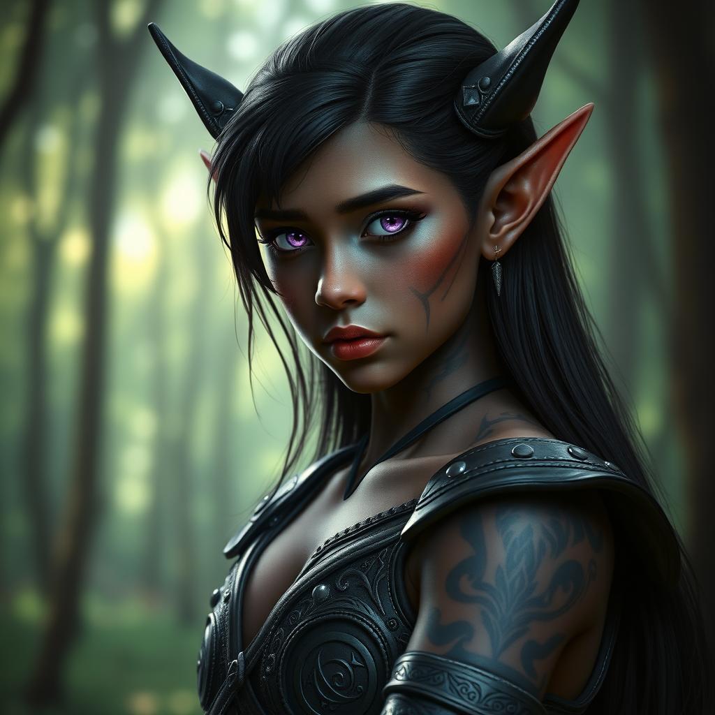 A young dark elf depicted from the waist up, featuring elongated ears, luminous purple eyes, and intricate silver tattoos on their dark skin