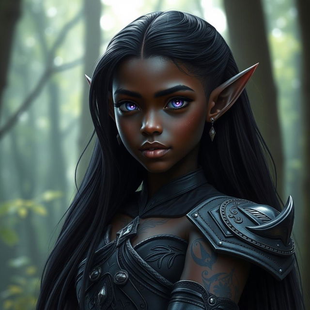 A young dark elf depicted from the waist up, featuring elongated ears, luminous purple eyes, and intricate silver tattoos on their dark skin