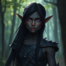 A young dark elf depicted from the waist up, featuring elongated ears, luminous purple eyes, and intricate silver tattoos on their dark skin