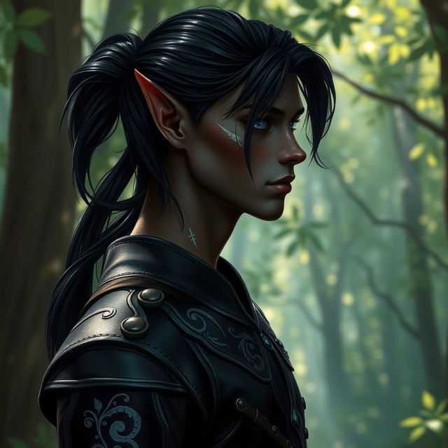 A young male dark elf depicted from the waist up, featuring pointed ears, striking blue eyes, and delicate silver markings on his dark skin