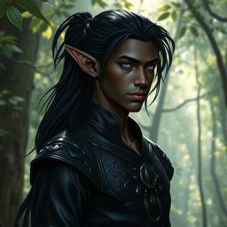 A young male dark elf depicted from the waist up, featuring pointed ears, striking blue eyes, and delicate silver markings on his dark skin