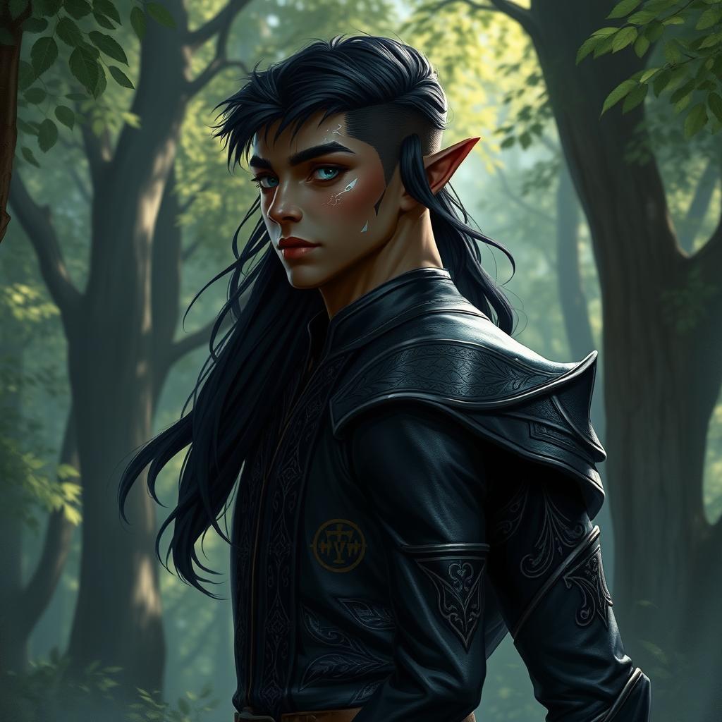 A young male dark elf depicted from the waist up, featuring pointed ears, striking blue eyes, and delicate silver markings on his dark skin
