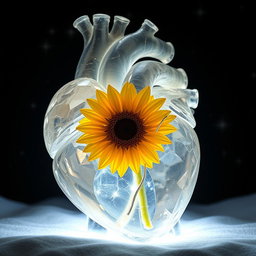 Anatomical heart made of crystal, intricately detailed, containing a bright sunflower inside, glowing softly at night amidst a dark starry background