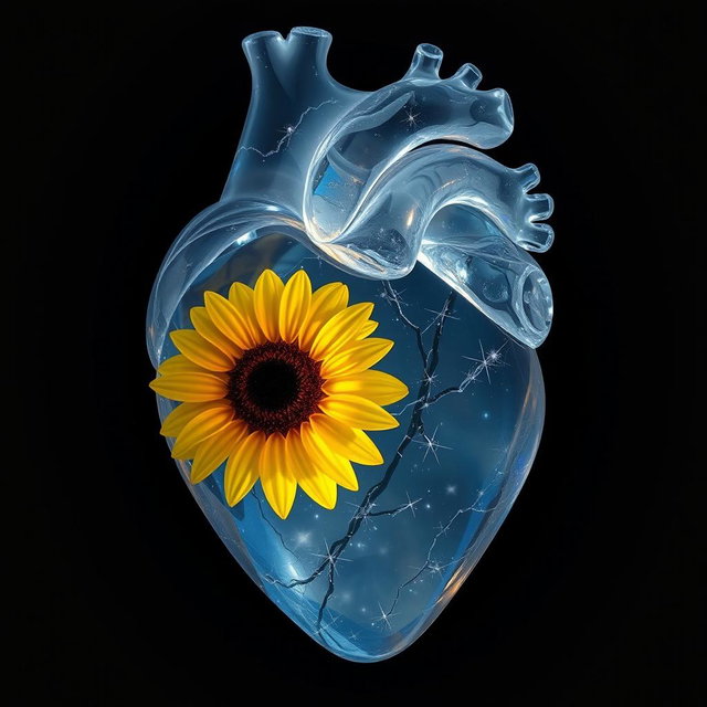 Anatomical heart made of crystal, intricately detailed, containing a bright sunflower inside, glowing softly at night amidst a dark starry background