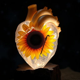 Anatomical heart made of crystal, intricately detailed, containing a bright sunflower inside, glowing softly at night amidst a dark starry background