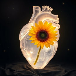Anatomical heart made of crystal, intricately detailed, containing a bright sunflower inside, glowing softly at night amidst a dark starry background