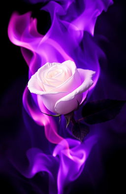 A stunning visual of a single white rose engulfed in vibrant purple flames, the contrast between the delicate petals of the rose and the intense fire creating a striking and emotive image