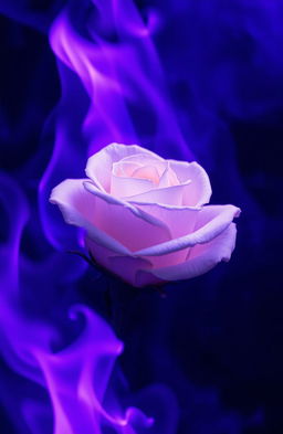 A stunning visual of a single white rose engulfed in vibrant purple flames, the contrast between the delicate petals of the rose and the intense fire creating a striking and emotive image
