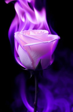 A stunning visual of a single white rose engulfed in vibrant purple flames, the contrast between the delicate petals of the rose and the intense fire creating a striking and emotive image