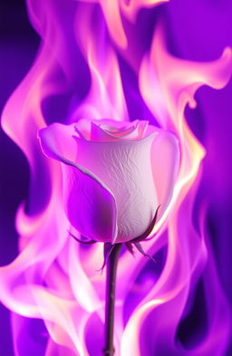 A stunning visual of a single white rose engulfed in vibrant purple flames, the contrast between the delicate petals of the rose and the intense fire creating a striking and emotive image