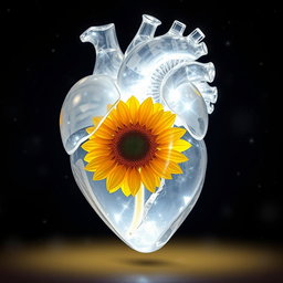 Anatomical heart made of crystal, intricately detailed, containing a bright sunflower inside, glowing softly at night amidst a dark starry background