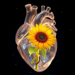 Anatomical heart made of crystal, intricately detailed, containing a bright sunflower inside, glowing softly at night amidst a dark starry background