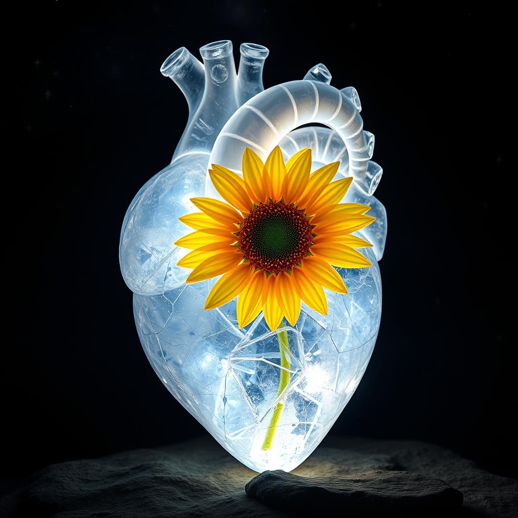 Anatomical heart made of crystal, intricately detailed, containing a bright sunflower inside, glowing softly at night amidst a dark starry background