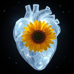 Anatomical heart made of crystal, intricately detailed, containing a bright sunflower inside, glowing softly at night amidst a dark starry background