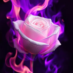 A breathtaking image of a white rose engulfed in vivid purple flames, emphasizing the delicate texture of the rose petals in stark contrast to the fierce and colorful fire