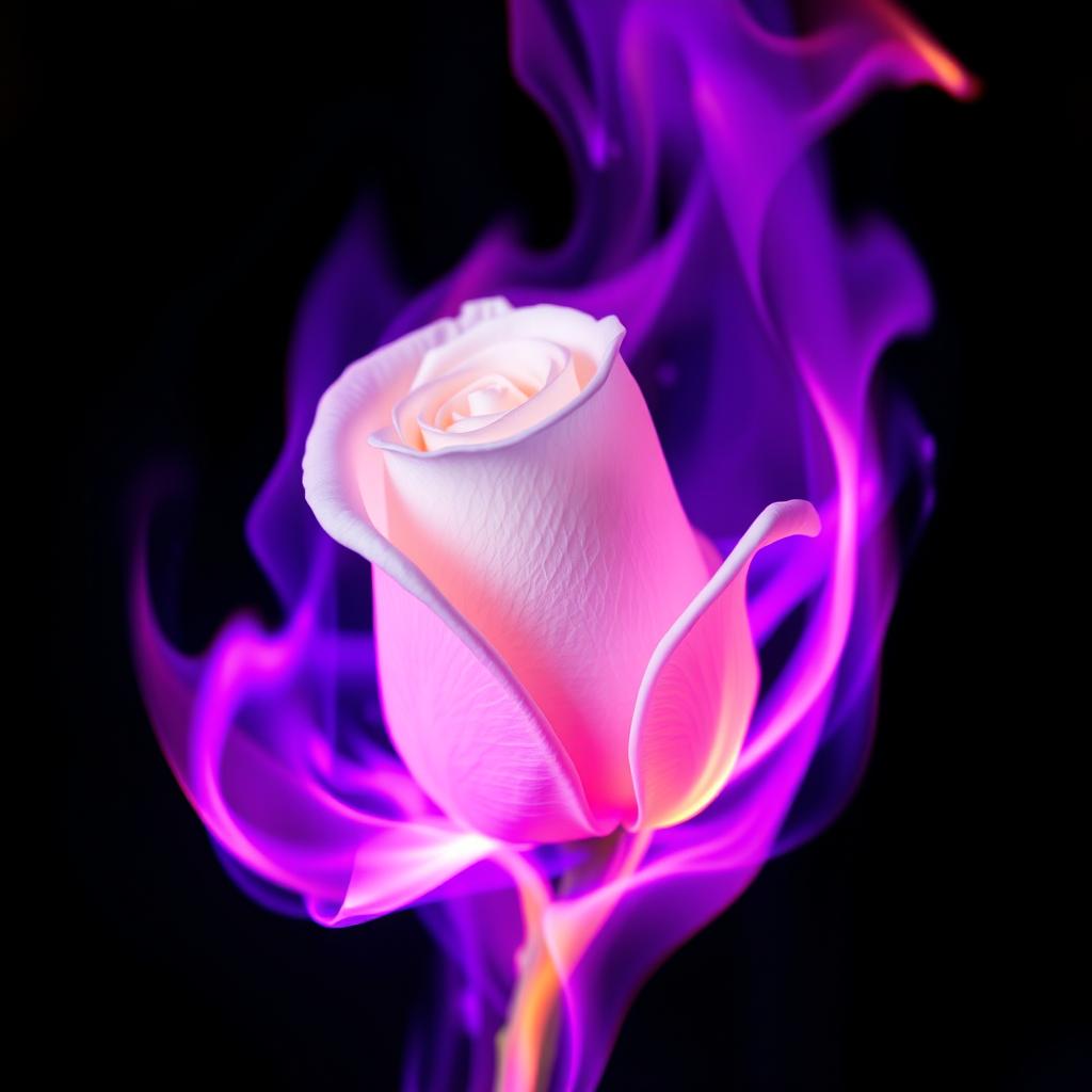 A breathtaking image of a white rose engulfed in vivid purple flames, emphasizing the delicate texture of the rose petals in stark contrast to the fierce and colorful fire