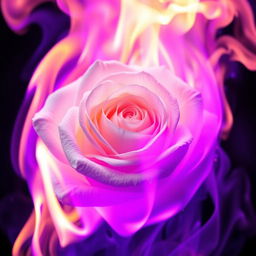 A breathtaking image of a white rose engulfed in vivid purple flames, emphasizing the delicate texture of the rose petals in stark contrast to the fierce and colorful fire