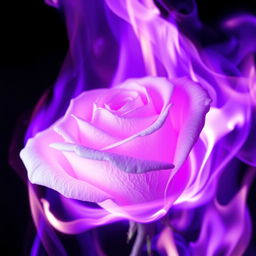 A breathtaking image of a white rose engulfed in vivid purple flames, emphasizing the delicate texture of the rose petals in stark contrast to the fierce and colorful fire