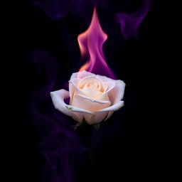 A captivating image of a white rose set ablaze in dark purple flames, emphasizing the delicate structure of the rose against the intense and moody backdrop of the fire