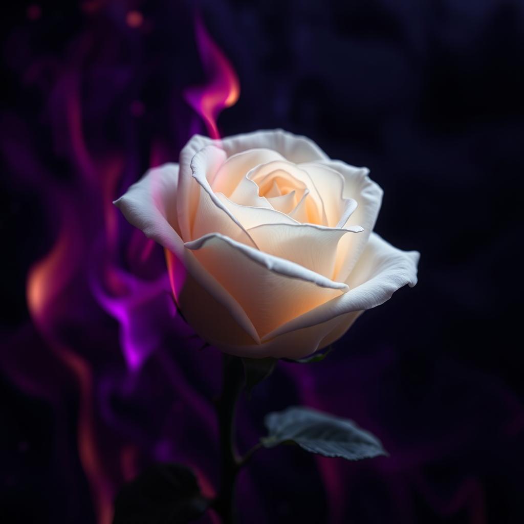 A captivating image of a white rose set ablaze in dark purple flames, emphasizing the delicate structure of the rose against the intense and moody backdrop of the fire