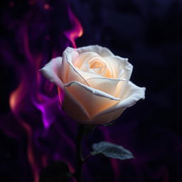 A captivating image of a white rose set ablaze in dark purple flames, emphasizing the delicate structure of the rose against the intense and moody backdrop of the fire