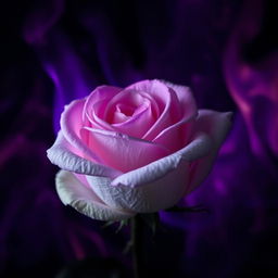 A captivating image of a white rose set ablaze in dark purple flames, emphasizing the delicate structure of the rose against the intense and moody backdrop of the fire