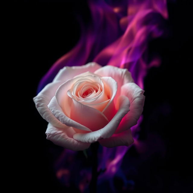 A captivating image of a white rose set ablaze in dark purple flames, emphasizing the delicate structure of the rose against the intense and moody backdrop of the fire