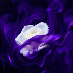 An evocative image of a white rose surrounded by dark purple flames, showcasing the stark contrast between the soft petals of the rose and the intense, swirling fire