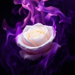 An evocative image of a white rose surrounded by dark purple flames, showcasing the stark contrast between the soft petals of the rose and the intense, swirling fire