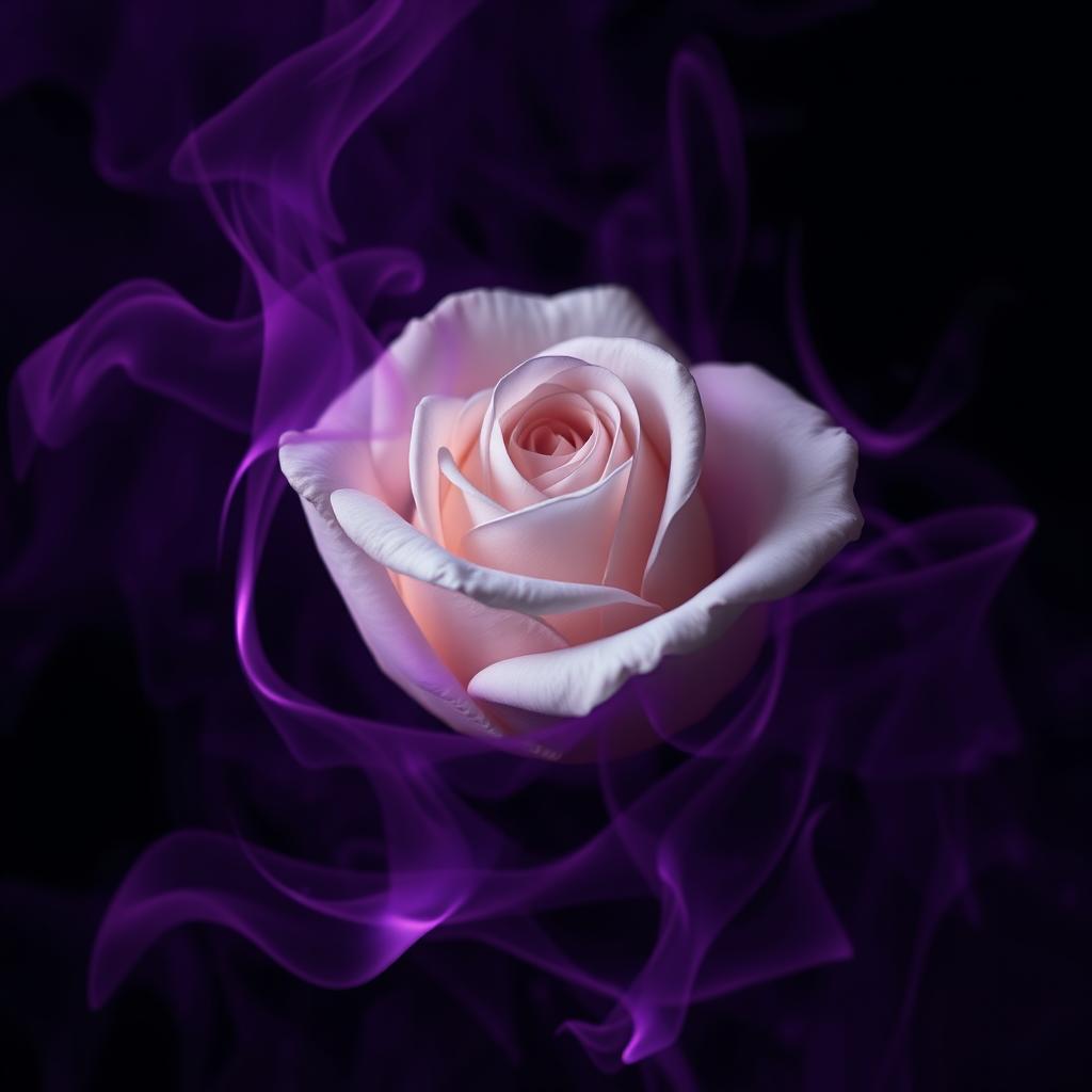 An evocative image of a white rose surrounded by dark purple flames, showcasing the stark contrast between the soft petals of the rose and the intense, swirling fire