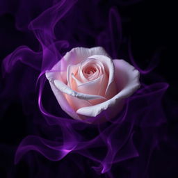 An evocative image of a white rose surrounded by dark purple flames, showcasing the stark contrast between the soft petals of the rose and the intense, swirling fire