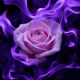 An evocative image of a white rose surrounded by dark purple flames, showcasing the stark contrast between the soft petals of the rose and the intense, swirling fire