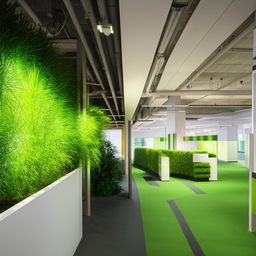 A modern tech company reception area infused with green elements and a view into an open office space.