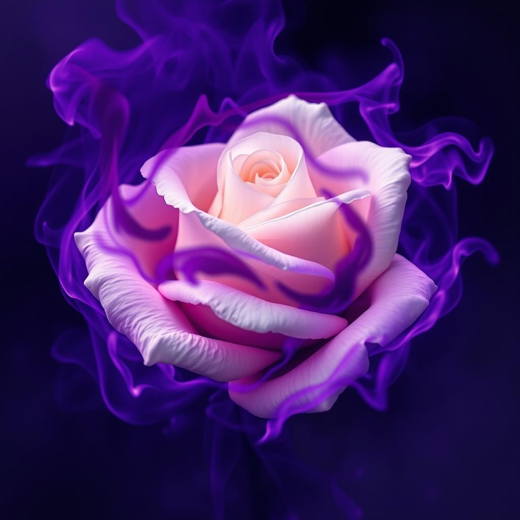 A stunning portrayal of a white rose engulfed in dark purple flames, illustrating the contrast between the soft, pure petals of the rose and the deep, swirling, dark purple fire surrounding it
