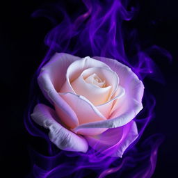 A stunning portrayal of a white rose engulfed in dark purple flames, illustrating the contrast between the soft, pure petals of the rose and the deep, swirling, dark purple fire surrounding it