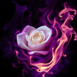 A stunning portrayal of a white rose engulfed in dark purple flames, illustrating the contrast between the soft, pure petals of the rose and the deep, swirling, dark purple fire surrounding it