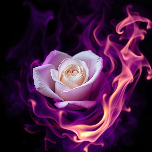 A stunning portrayal of a white rose engulfed in dark purple flames, illustrating the contrast between the soft, pure petals of the rose and the deep, swirling, dark purple fire surrounding it