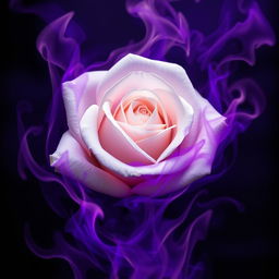 A stunning portrayal of a white rose engulfed in dark purple flames, illustrating the contrast between the soft, pure petals of the rose and the deep, swirling, dark purple fire surrounding it