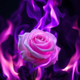 An artistic depiction of a white rose ablaze in dark purple flames, showcasing the delicate, pristine petals of the rose contrasted against the vibrant, swirling purple fire
