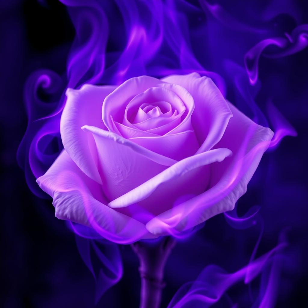 An artistic depiction of a white rose ablaze in dark purple flames, showcasing the delicate, pristine petals of the rose contrasted against the vibrant, swirling purple fire