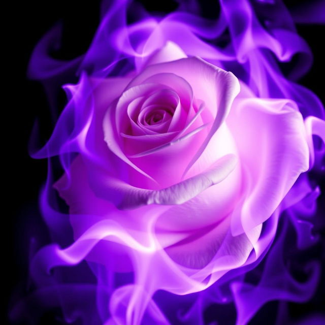 An artistic depiction of a white rose ablaze in dark purple flames, showcasing the delicate, pristine petals of the rose contrasted against the vibrant, swirling purple fire