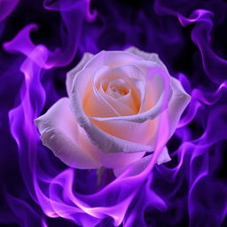 An artistic depiction of a white rose ablaze in dark purple flames, showcasing the delicate, pristine petals of the rose contrasted against the vibrant, swirling purple fire
