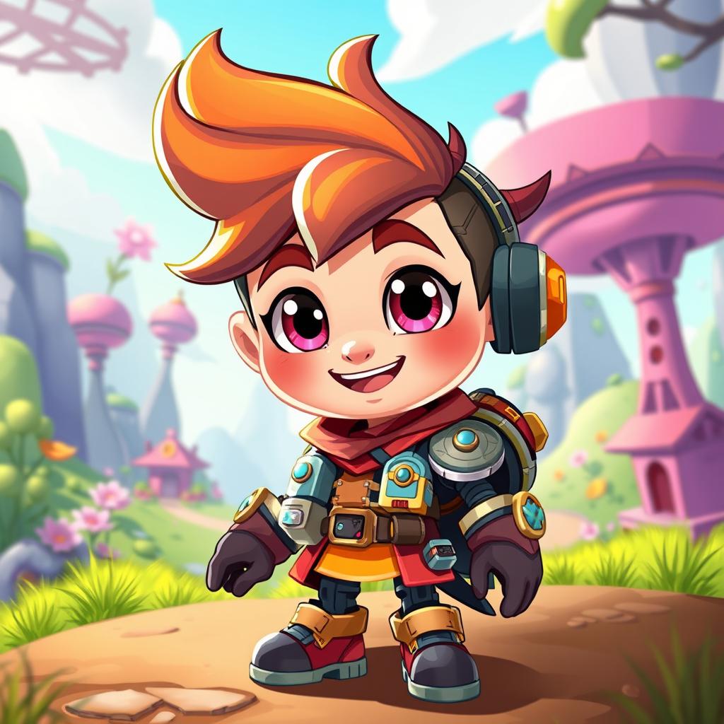 A vibrant and imaginative cartoon character design for a video game, featuring a colorful and playful style