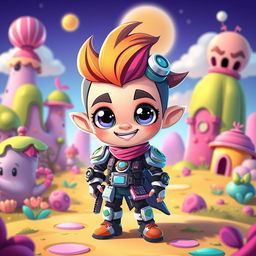 A vibrant and imaginative cartoon character design for a video game, featuring a colorful and playful style