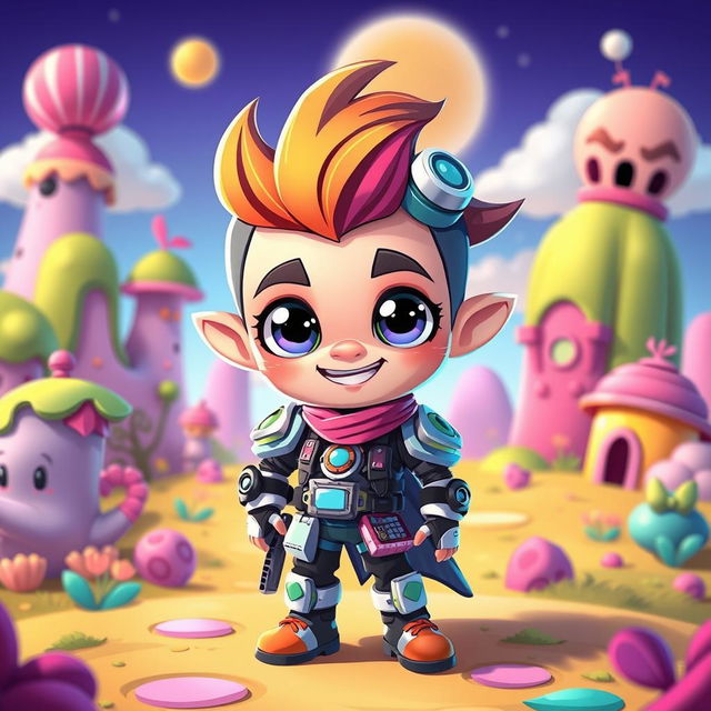 A vibrant and imaginative cartoon character design for a video game, featuring a colorful and playful style