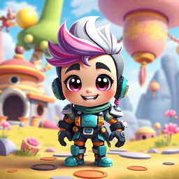 A vibrant and imaginative cartoon character design for a video game, featuring a colorful and playful style