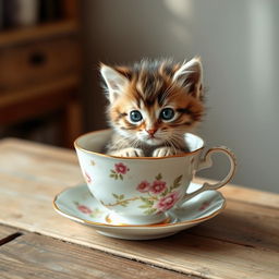 A charming book cover design featuring a raw photograph of an adorable, fluffy kitten nestled comfortably in a delicate teacup