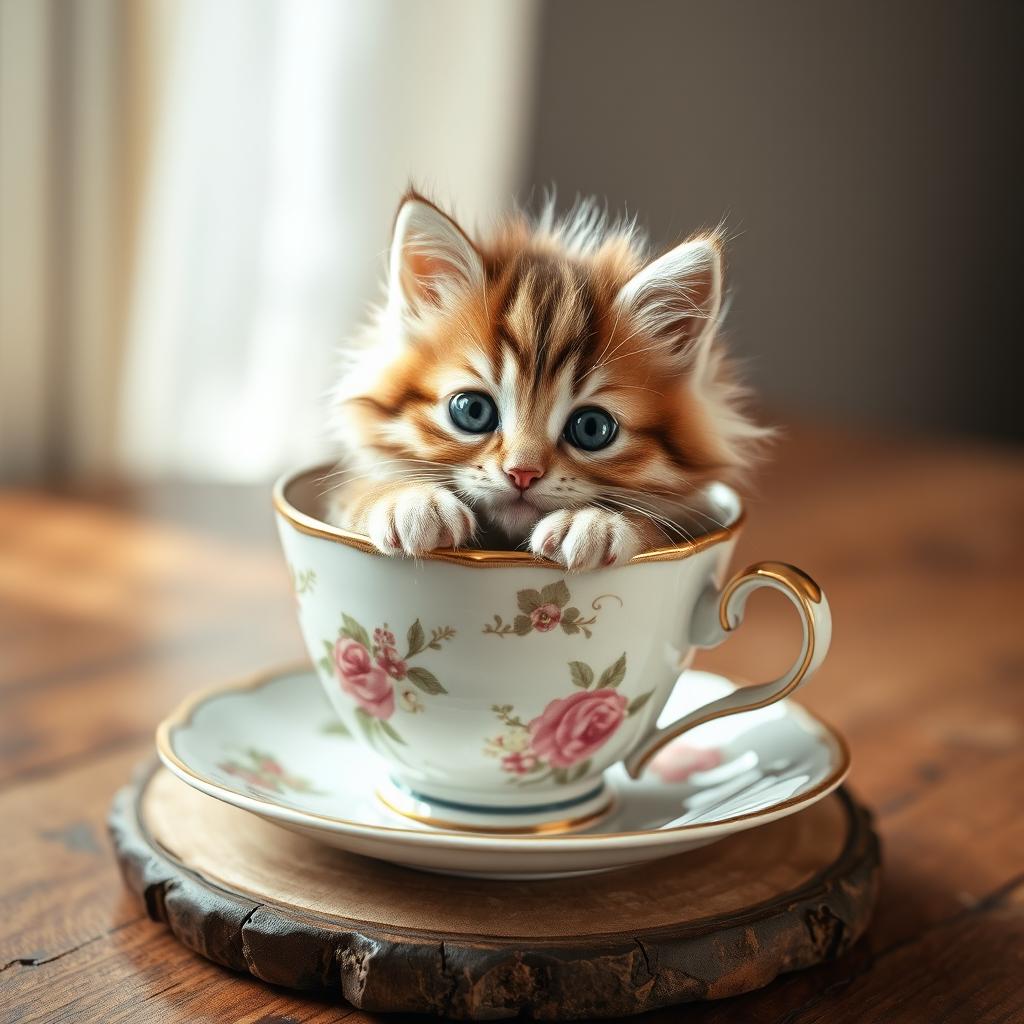 A charming book cover design featuring a raw photograph of an adorable, fluffy kitten nestled comfortably in a delicate teacup