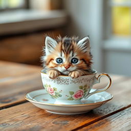 A charming book cover design featuring a raw photograph of an adorable, fluffy kitten nestled comfortably in a delicate teacup